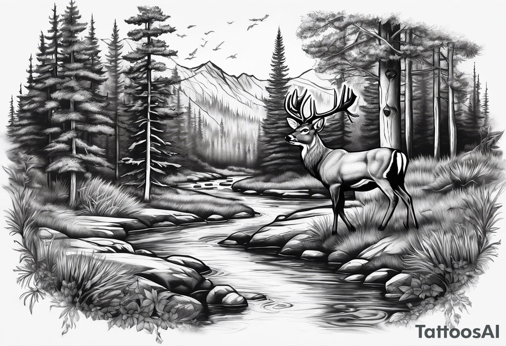 Forest with stream and whitetail buck for men tattoo idea