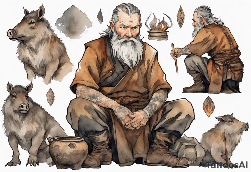 a 55-year-old large Norseman with a grey beard wearing a brown and black tunic sitting by a hearth with his hand on a large boar tattoo idea