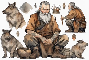 a 55-year-old large Norseman with a grey beard wearing a brown and black tunic sitting by a hearth with his hand on a large boar tattoo idea