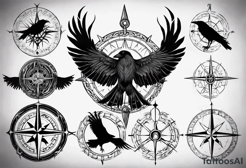 raven over a viking compass tattoo idea