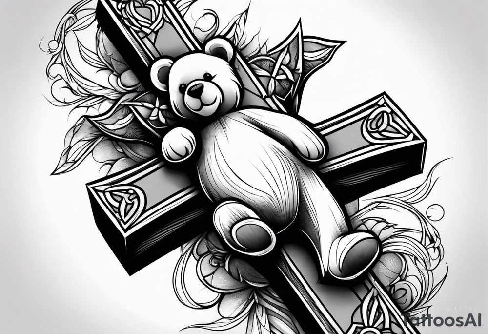 Teddy bear leaning against a cross tattoo idea