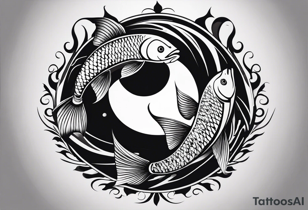Design a half-sleeve tattoo in a smooth, shaded style with black and grey tones. The central focus is two fish swimming in a circular motion, like a yin-yang, gracefully moving in a loop. The fish should have flowing tails and fins, with soft shading that gives a sense of motion and balance.

Surround the fish with a bed, where a man is lying down but his feet stick out, symbolizing discomfort or not fitting in. The bed should blend subtly into the background, using minimal lines, to avoid distracting from the fish. The sheets or bed frame should flow into the circular motion created by the fish.

Add an astronaut floating nearby, connected to the bed scene. The astronaut should appear weightless, as if drifting in space, with their posture relaxed and slightly tilted, fitting within the circular flow of the fish. Clouds should form softly around the astronaut and the bed, blending into the scene to create a dreamy, ethereal background.

From one side of the circular fish motion, flames should emerge, adding dynamic energy to the design. The flames should be subtle but lively, with light shading, balancing the softness of the clouds with some intensity.

Finally, include the text "MMIX" in bold, sketchy font either below or beside the main design. The text should be clear but in harmony with the hand-drawn style of the fish and flames. tattoo idea
