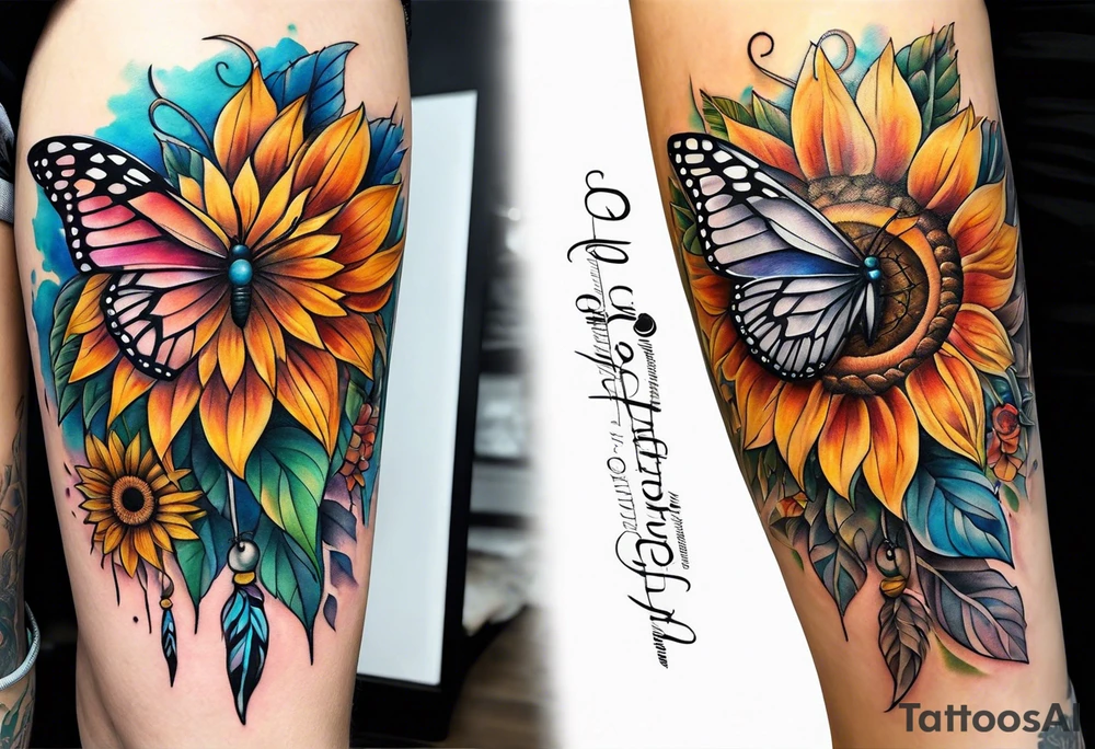 Quarter Leg sleeve with dreamcatcher, rainbow sunflowers and one butterfly tattoo idea
