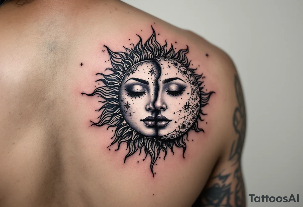 celestial sun and moon embrace with constellation patterns tattoo idea