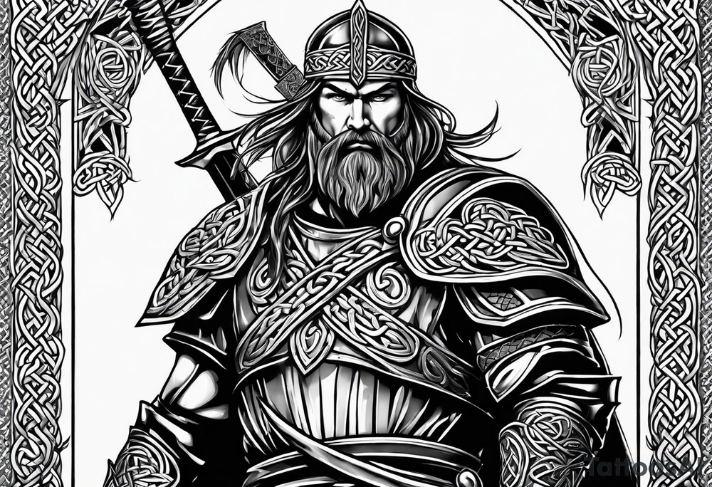 Celtic warrior facing left with sword drawn and irish background tattoo idea