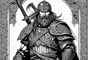 Celtic warrior facing left with sword drawn and irish background tattoo idea