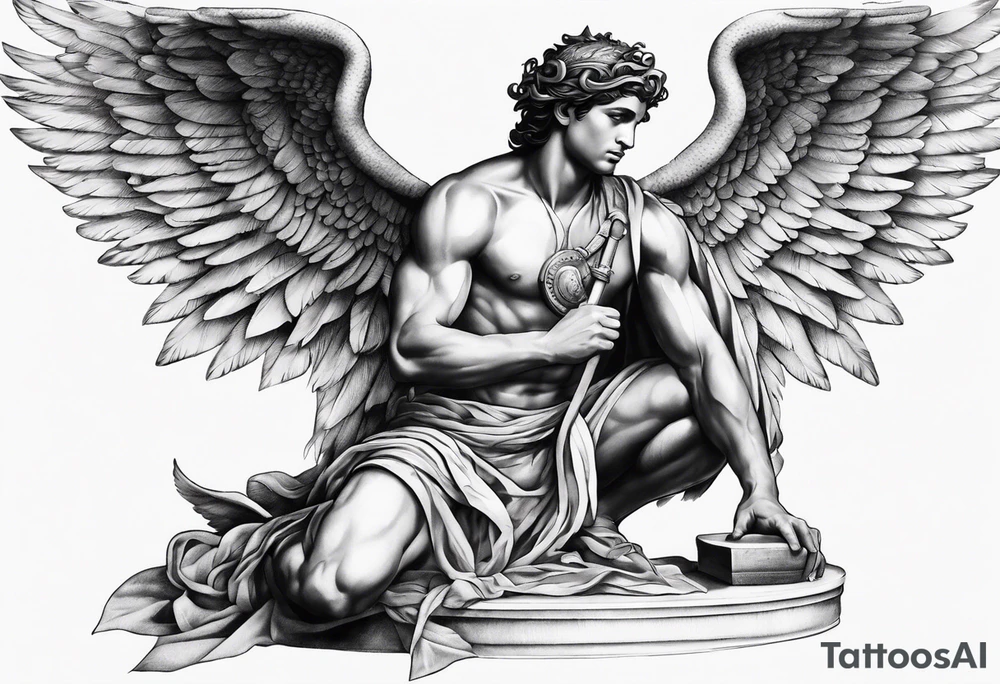 God hermes kneeling with wings wrapped around him tattoo idea tattoo idea