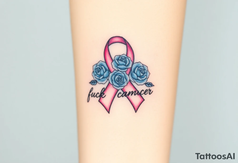 Pretty pink Cancer ribbon that says "fuck cancer"with 3 light blue
roses tattoo idea