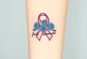 Pretty pink Cancer ribbon that says "fuck cancer"with 3 light blue
roses tattoo idea