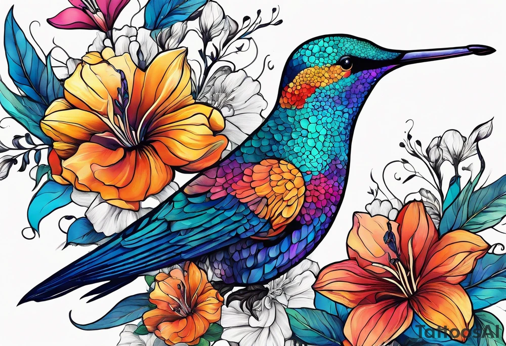 flowers, bold color, collage, blue whale, hummingbird tattoo idea