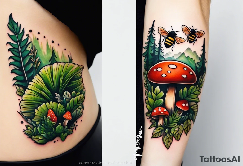 minimalistic forest floor inspired tattoo, which includes grass, moss, curly ferns and dead leaves as the bulk of the tattoo. details to include: forest berries, couple of very small brown mushrooms, a tiny bumblebee flying nearby tattoo idea