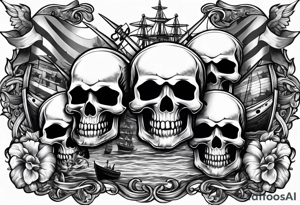 patriotic banner with skulls and ships tattoo idea