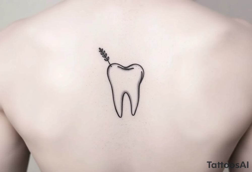 Minimalist single-line molar tooth with a tiny sprig of lavender gently wrapping around one side, soft shading only at the roots, elegant and feminine, ideal for behind-ear placement.” tattoo idea