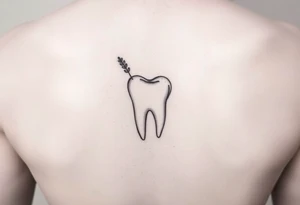 Minimalist single-line molar tooth with a tiny sprig of lavender gently wrapping around one side, soft shading only at the roots, elegant and feminine, ideal for behind-ear placement.” tattoo idea