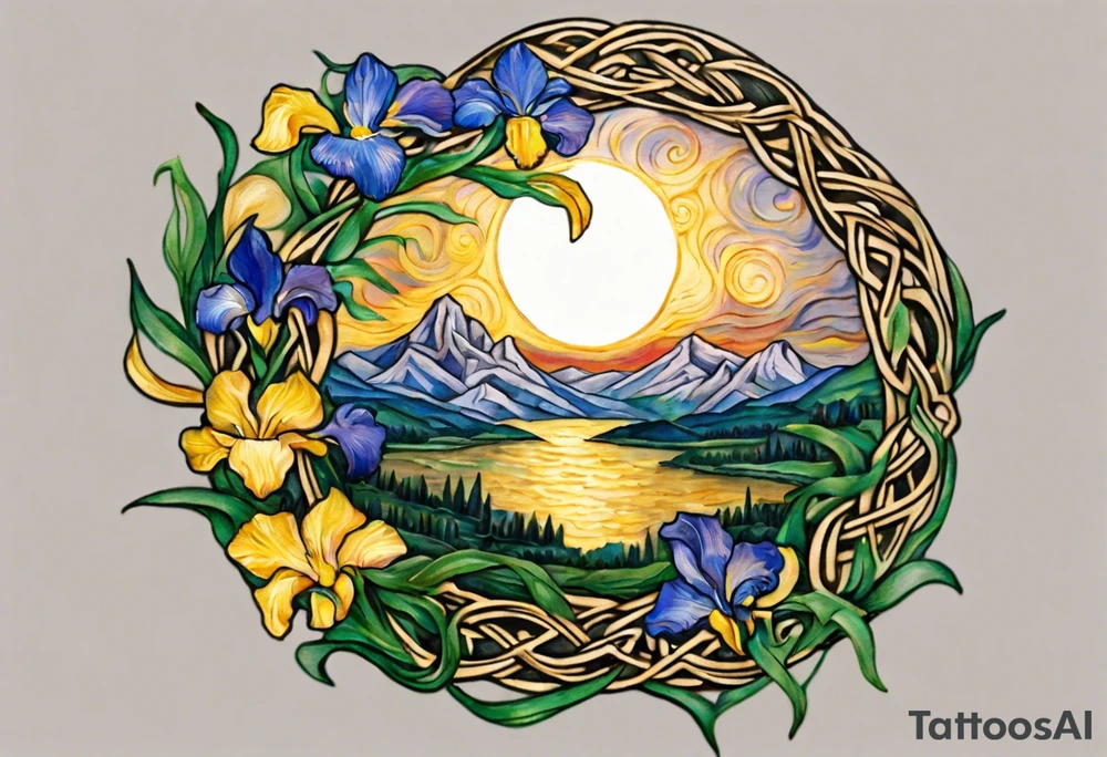 Create a small, colorful Vincent van Gogh Irises tattoo in the form of a crescent, with vines in Celtic knot style gracefully intertwining at a central point in the middle of the wreath. The intended placement is on the upper chest. The middle needs mountains. The overall design should be small in size while maintaining a delicate and artistic aesthetic. Pay attention to the graceful flow of the vines and the placement of the irises to achieve a refined and elegant look. tattoo idea
