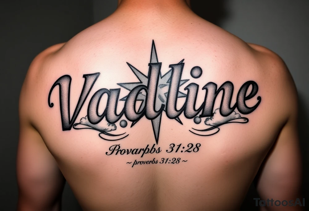 The name Vadline large print text on a human forearm in stencil format hot dog direction hyper realistic star with clouds and subtext underneath is the quote proverbs 31:28 from the bible tattoo idea