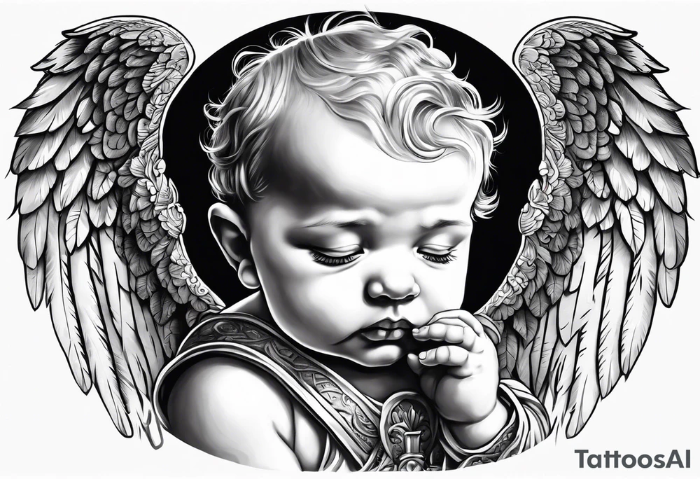 Praying baby Angel, with a Roman warrior looking up behind it tattoo idea