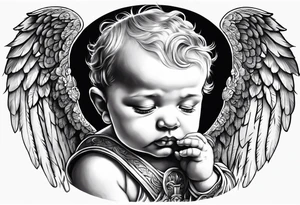 Praying baby Angel, with a Roman warrior looking up behind it tattoo idea