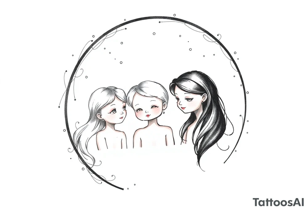 3 petites filles ( une cheveux noir et deux blondes)
sous un arc en ciel incomplet tattoo idea