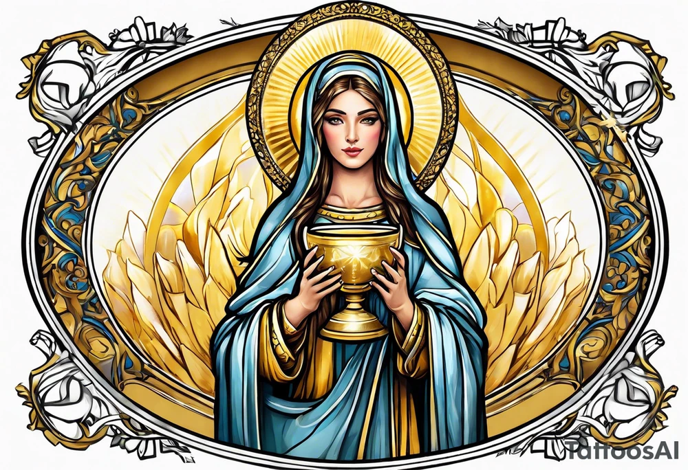 holy saint woman with golden halo holding a chalice tattoo idea