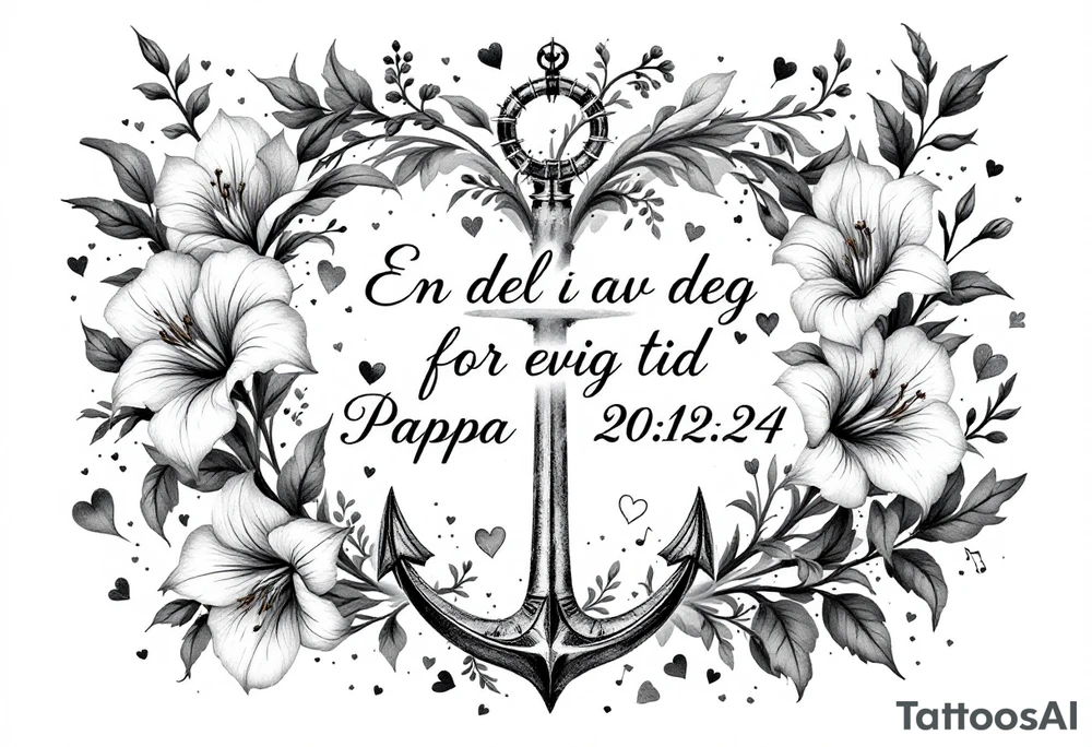 «En del av deg for evig tid
Pappa 20.12.24» Surrounded by long gladiolus, hearts, notes and an anchor.
Make it small tattoo idea