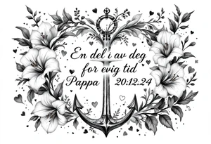 «En del av deg for evig tid
Pappa 20.12.24» Surrounded by long gladiolus, hearts, notes and an anchor.
Make it small tattoo idea