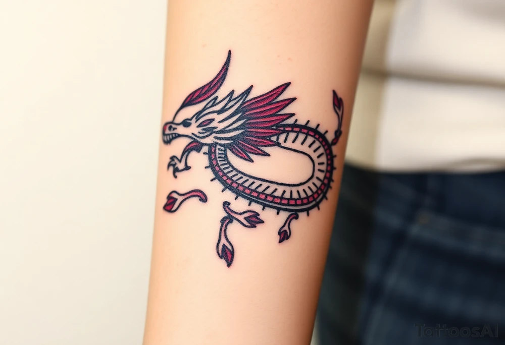 A bracelet wrapped around the arm dragon with purple and red tones, feathers and vines tattoo idea