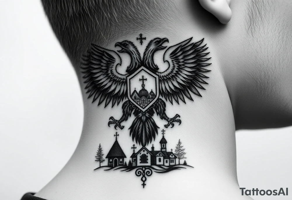 Traditional authentic Russian coat of arms with double headed eagle & a Christian orthodox virgin marry in the middle and silhouette in a Russian wilderness Christian orthodoxy dome church village setting on the side of my neck tattoo idea