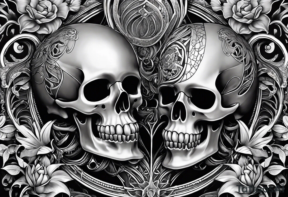 H.R. Giger skulls, water flow shapes, geometric shapes, flowers tattoo idea