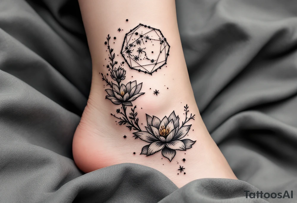 Hexagon with larkspur, water Lilly and Leo constellation tattoo idea
