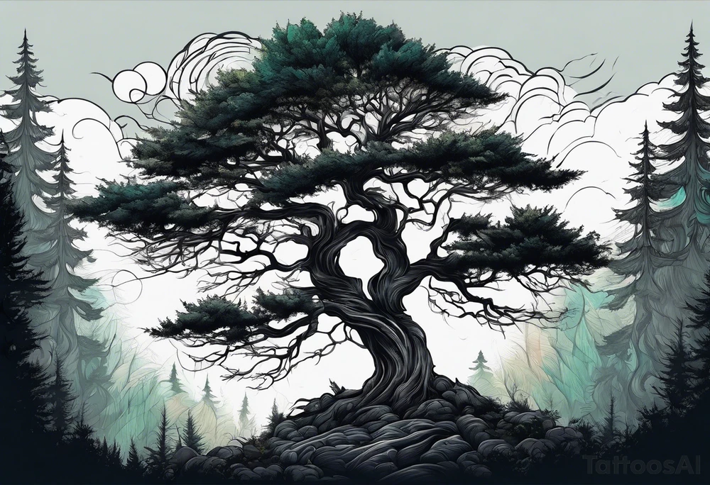 Tree in dark forest in bad weather tattoo idea