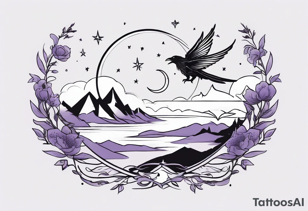 a fantasy book. a flying dragon. A pawn. a cluster of lavender. a sword with a bee. A raven. Stars and crescent moon with mountains tattoo idea