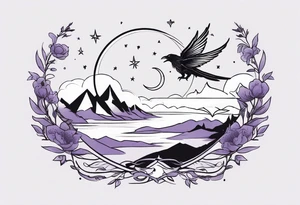 a fantasy book. a flying dragon. A pawn. a cluster of lavender. a sword with a bee. A raven. Stars and crescent moon with mountains tattoo idea