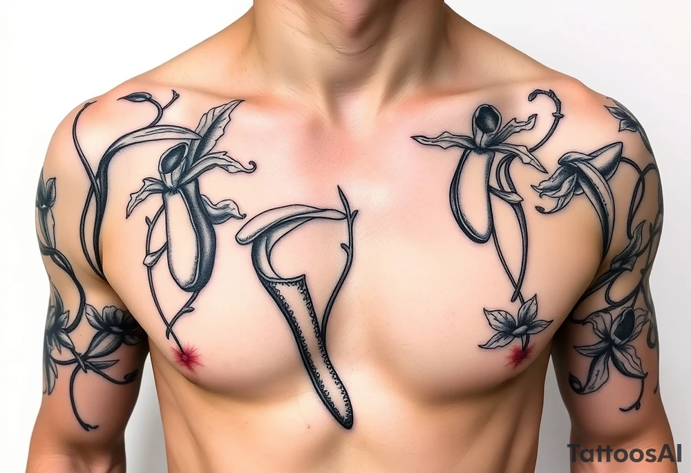 carnivorous plants neck, chest, back, and arm sleeves
I want these spots covered in these plants, ranging from venus fly traps to others
Make it masculine looking, I want it to look kinda like a plant guide book tattoo idea
