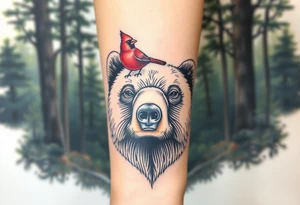 Cardinal sitting on a bear’s nose. The bear looks happy. Forest background tattoo idea