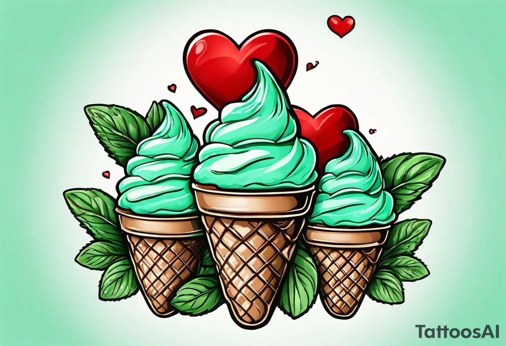 simple mint chocolate chip ice cream cone with small red heart on it somewhere. tattoo idea