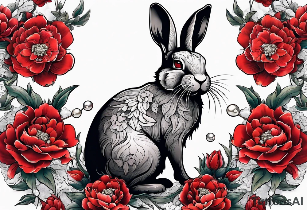 Red peony with a pearl necklace and a rabbit tattoo idea