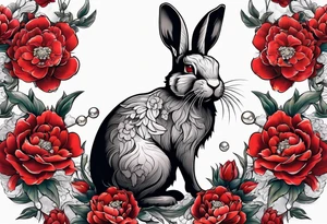 Red peony with a pearl necklace and a rabbit tattoo idea
