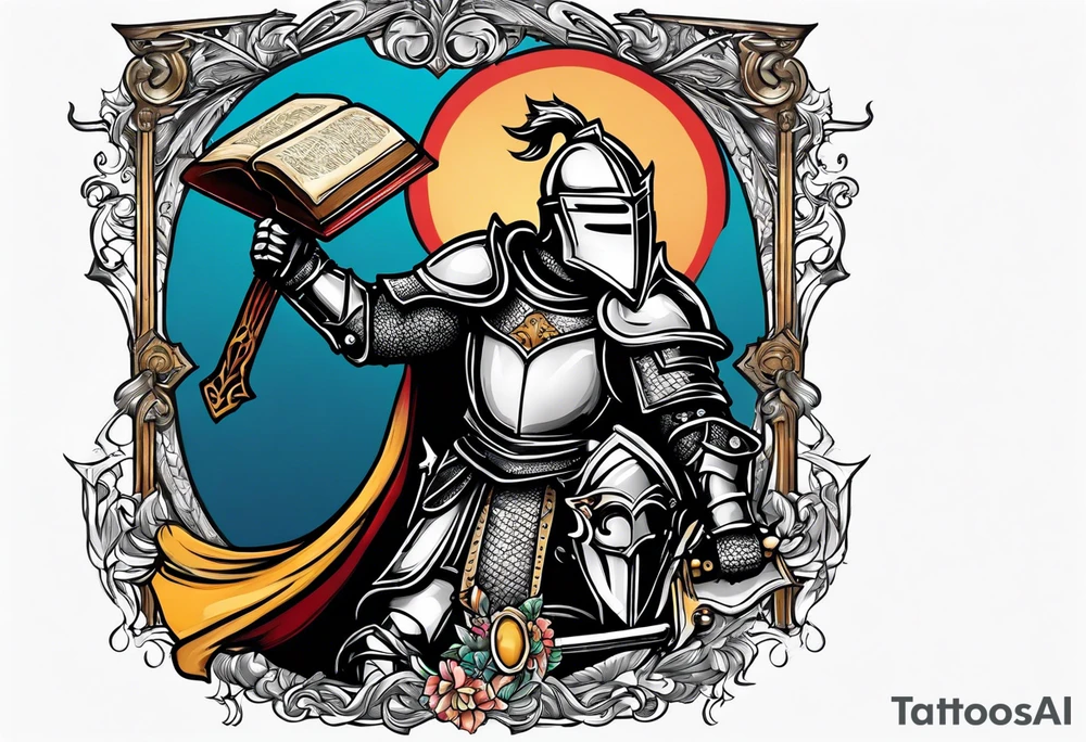 knight holding a bible over his head tattoo idea