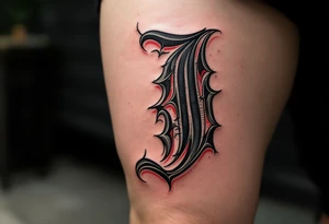 Old English "J" in iron black with crimson red drop shadows. tattoo idea
