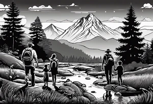 Family silhouette of a father, a mother, oldest son, middle daughter, and small daughter foraging mushrooms with mountains and creek in background tattoo idea