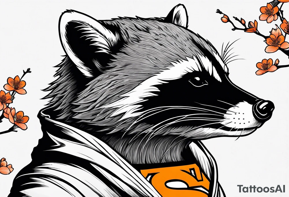 raccoon wearing a black and white Superman hoodie and orange Japanese cherry blossoms tattoo idea