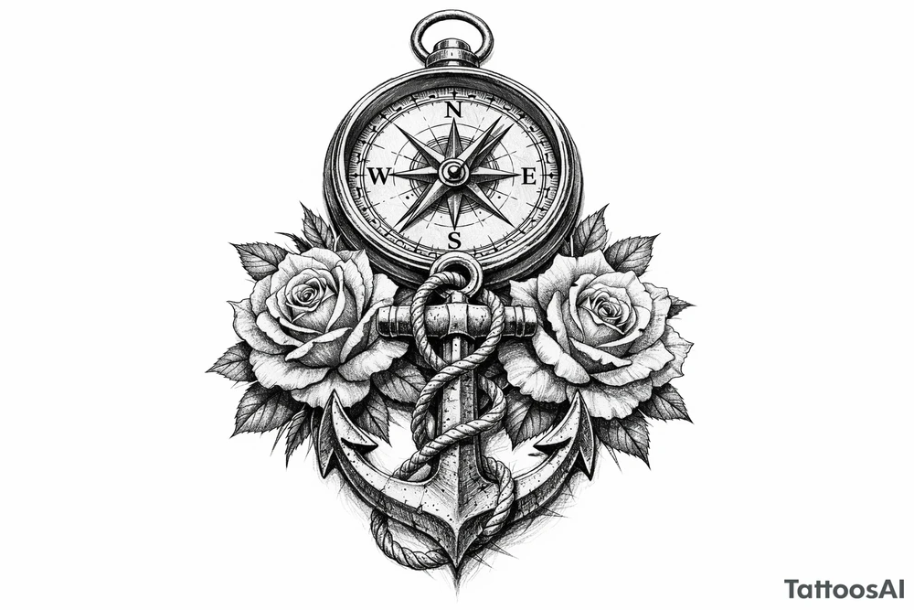 a compass under it an anchor and roses. tattoo idea