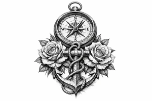 a compass under it an anchor and roses. tattoo idea