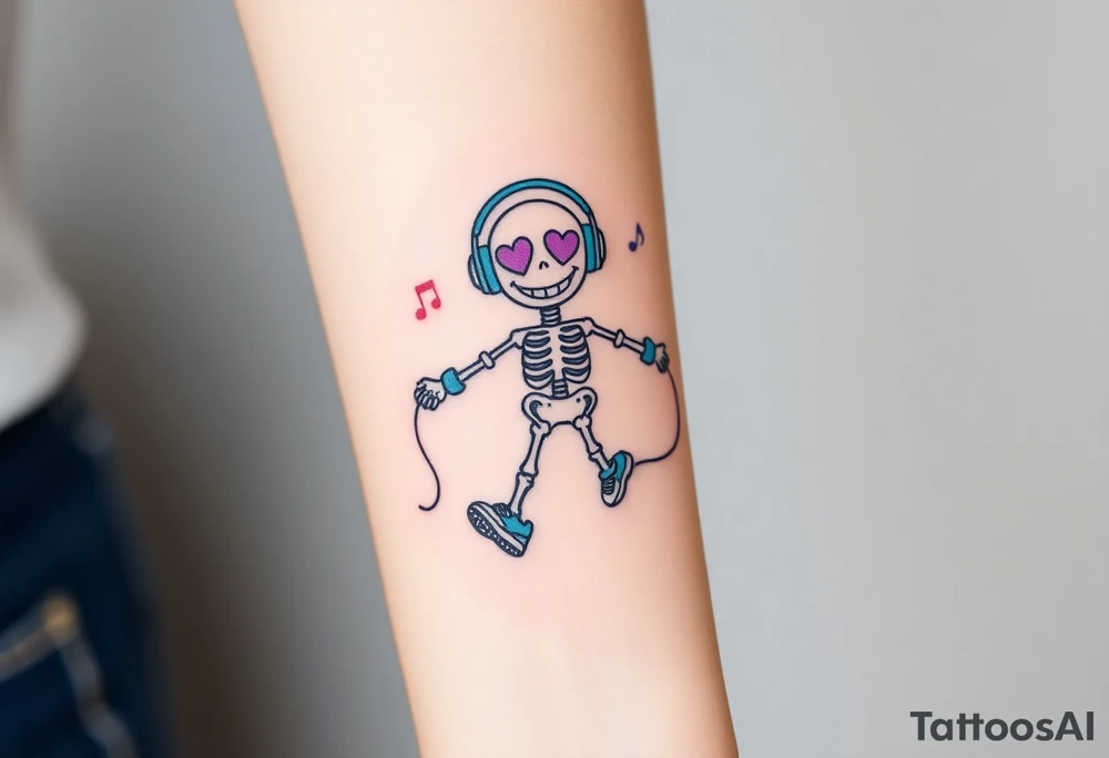 smiley skeleton with purple love shape in his eyes jumping on a jump rope with blue headphones and blue armbands and blue sneakers with colorful music notes around his head tattoo idea