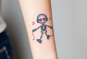 smiley skeleton with purple love shape in his eyes jumping on a jump rope with blue headphones and blue armbands and blue sneakers with colorful music notes around his head tattoo idea