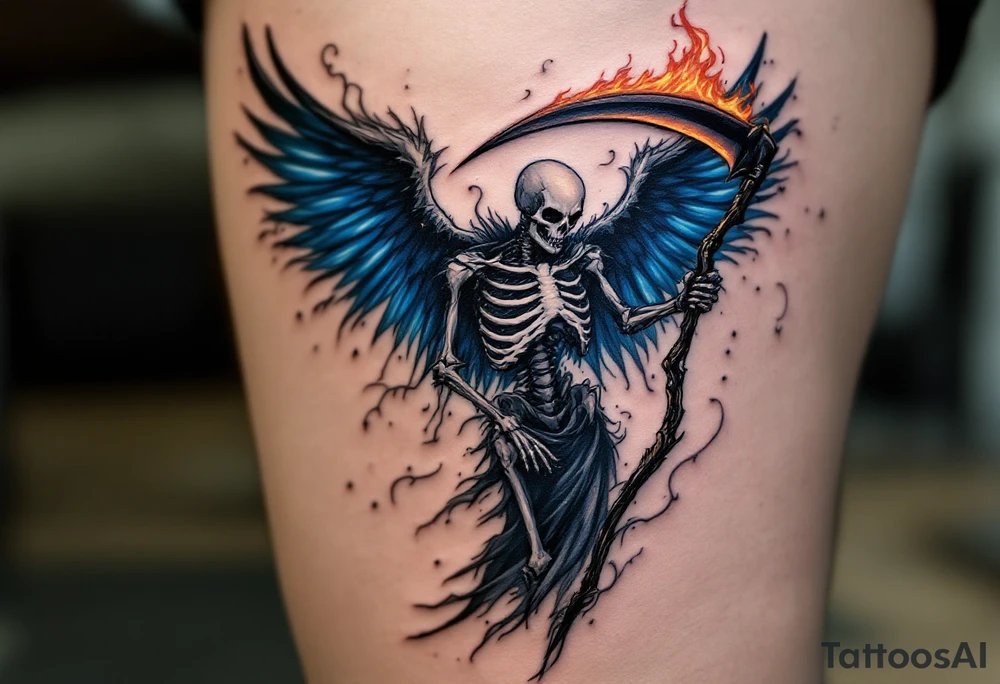 A skeletal angel with dark blue ethereal wings, holding a flaming scythe, surrounded by swirling shadows. tattoo idea