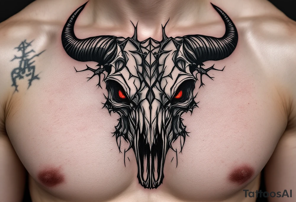 Abstract looking angry taurus skull chest tattoo with red eyes tattoo idea