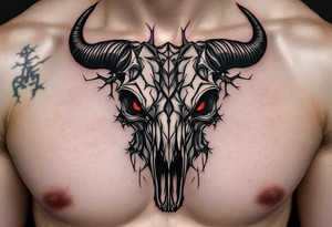 Abstract looking angry taurus skull chest tattoo with red eyes tattoo idea