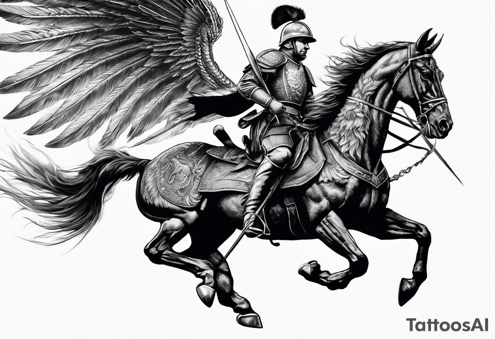 Polish Hussar Cavalry Soldier Rushing towards enemy, wings turned into dragon wings, charging with a spear that breaths fire tattoo idea